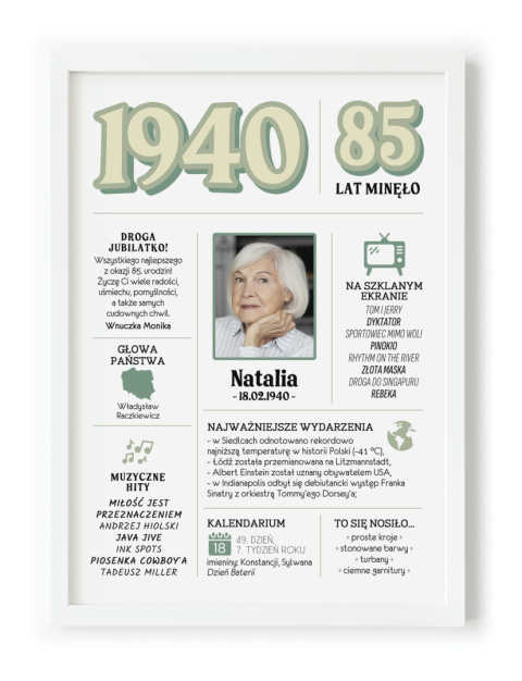 PREZENT na 85 URODZINY oryginalny - PERSONALIZOWANY PLAKAT