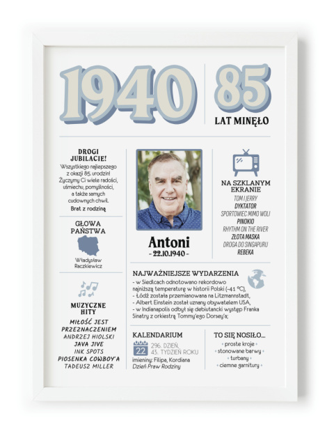 PREZENT na 85 URODZINY oryginalny - PERSONALIZOWANY PLAKAT