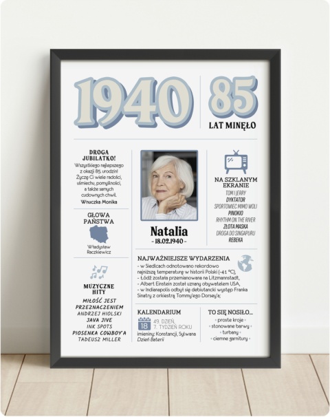PREZENT na 85 URODZINY oryginalny - PERSONALIZOWANY PLAKAT