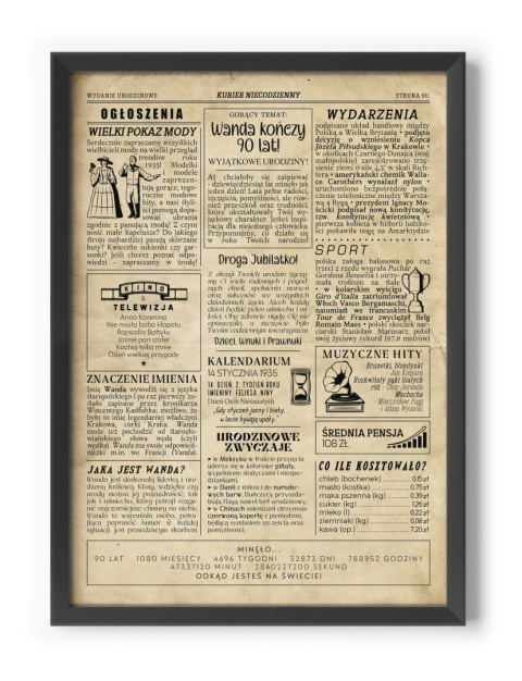 PREZENT na 90 URODZINY dziewięćdziesiątkę - PERSONALIZOWANY PLAKAT