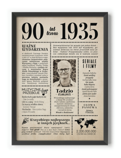 PREZENT na 90 URODZINY dziewięćdziesiątkę - PERSONALIZOWANY PLAKAT