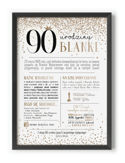 PREZENT na 90 URODZINY dziewięćdziesiątkę - PERSONALIZOWANY PLAKAT