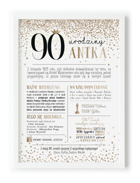 PREZENT na 90 URODZINY dziewięćdziesiątkę - PERSONALIZOWANY PLAKAT