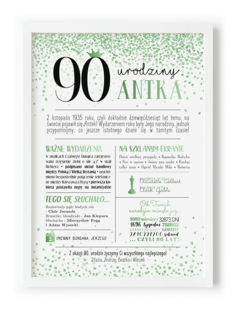 PREZENT na 90 URODZINY dziewięćdziesiątkę - PERSONALIZOWANY PLAKAT