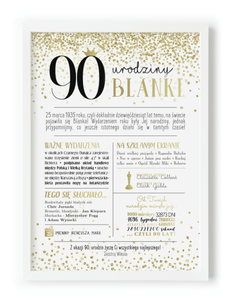PREZENT na 90 URODZINY dziewięćdziesiątkę - PERSONALIZOWANY PLAKAT