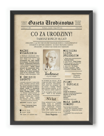 PREZENT na 85 URODZINY oryginalny - PERSONALIZOWANY PLAKAT
