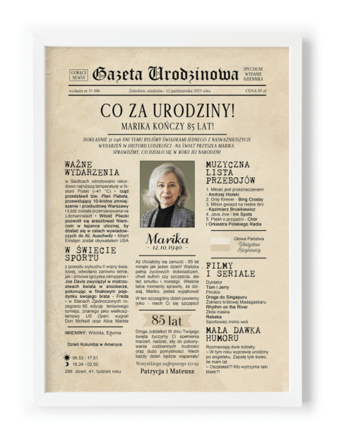 PREZENT na 85 URODZINY oryginalny - PERSONALIZOWANY PLAKAT