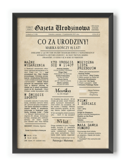 PREZENT na 85 URODZINY oryginalny - PERSONALIZOWANY PLAKAT