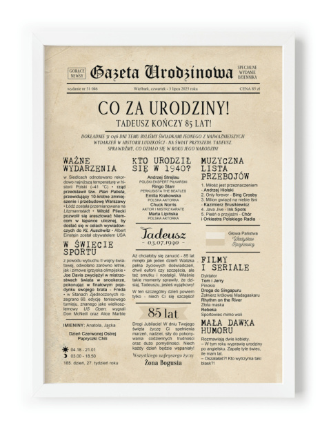 PREZENT na 85 URODZINY oryginalny - PERSONALIZOWANY PLAKAT