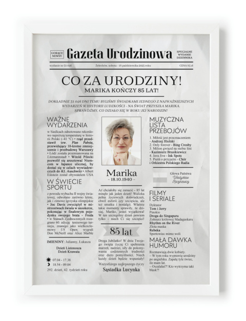 PREZENT na 85 URODZINY oryginalny - PERSONALIZOWANY PLAKAT