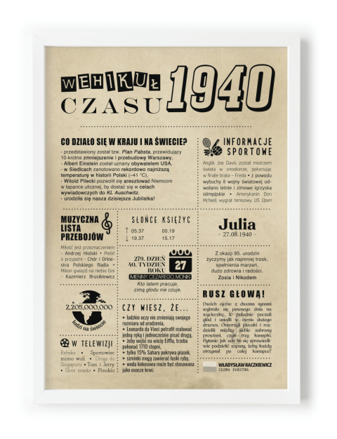 PREZENT na 85 URODZINY oryginalny - PERSONALIZOWANY PLAKAT