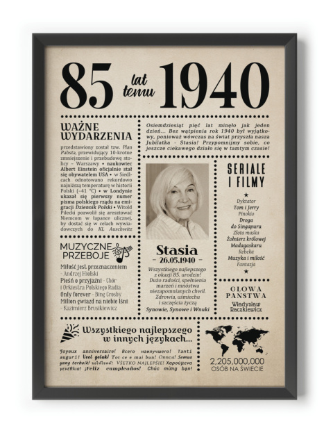 PREZENT na 85 URODZINY oryginalny - PERSONALIZOWANY PLAKAT