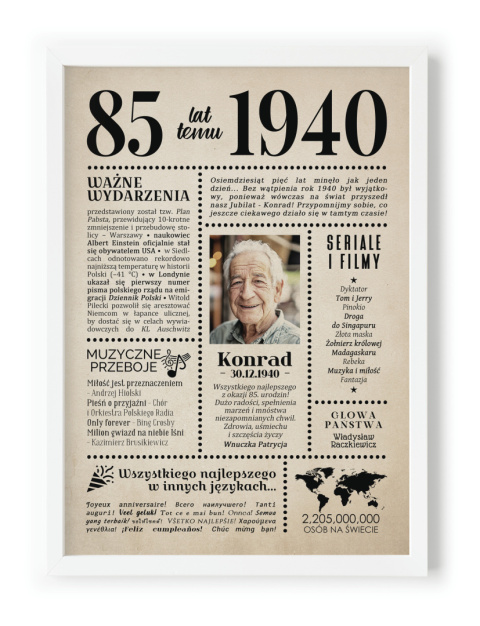 PREZENT na 85 URODZINY oryginalny - PERSONALIZOWANY PLAKAT