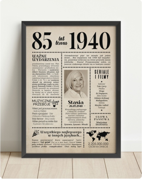 PREZENT na 85 URODZINY oryginalny - PERSONALIZOWANY PLAKAT