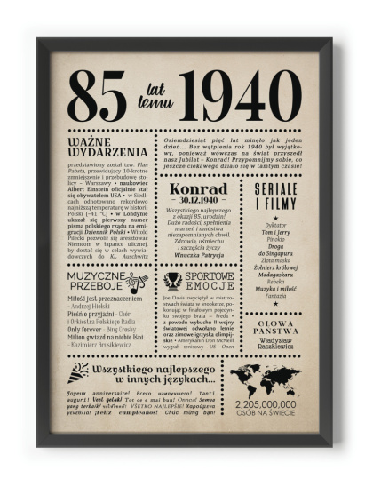 PREZENT na 85 URODZINY oryginalny - PERSONALIZOWANY PLAKAT