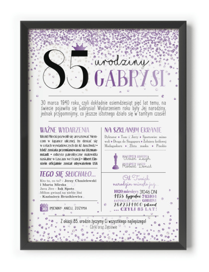 PREZENT na 85 URODZINY oryginalny - PERSONALIZOWANY PLAKAT