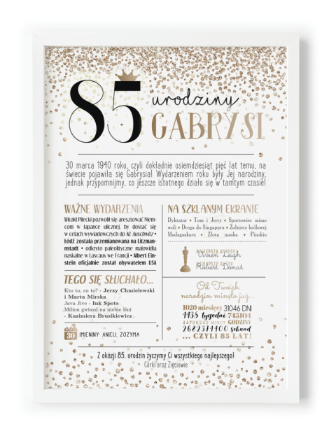 PREZENT na 85 URODZINY oryginalny - PERSONALIZOWANY PLAKAT