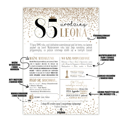 PREZENT na 85 URODZINY oryginalny - PERSONALIZOWANY PLAKAT
