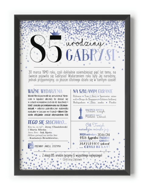 PREZENT na 85 URODZINY oryginalny - PERSONALIZOWANY PLAKAT