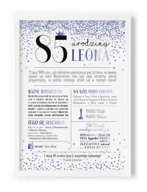 PREZENT na 85 URODZINY oryginalny - PERSONALIZOWANY PLAKAT