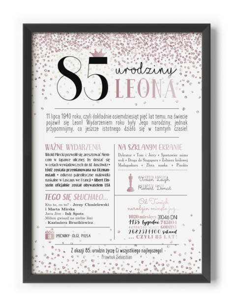 PREZENT na 85 URODZINY oryginalny - PERSONALIZOWANY PLAKAT