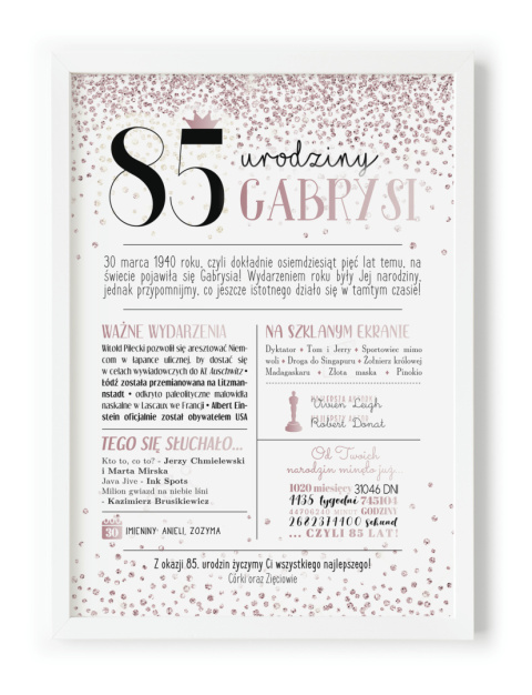 PREZENT na 85 URODZINY oryginalny - PERSONALIZOWANY PLAKAT