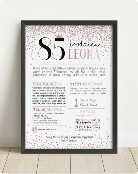 PREZENT na 85 URODZINY oryginalny - PERSONALIZOWANY PLAKAT