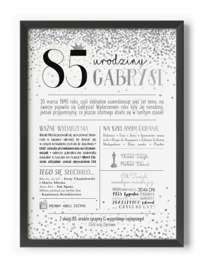 PREZENT na 85 URODZINY oryginalny - PERSONALIZOWANY PLAKAT