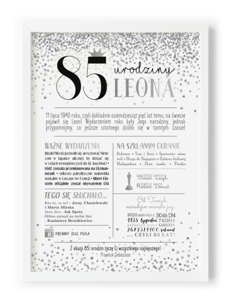 PREZENT na 85 URODZINY oryginalny - PERSONALIZOWANY PLAKAT