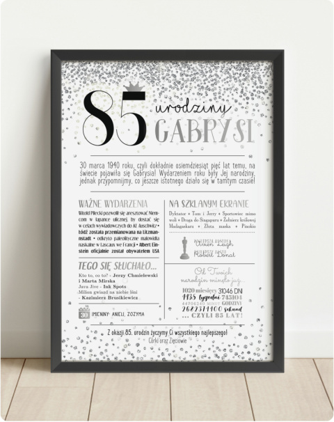 PREZENT na 85 URODZINY oryginalny - PERSONALIZOWANY PLAKAT