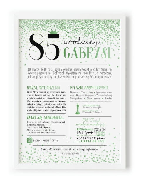 PREZENT na 85 URODZINY oryginalny - PERSONALIZOWANY PLAKAT