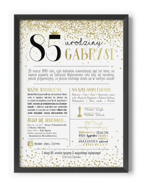 PREZENT na 85 URODZINY oryginalny - PERSONALIZOWANY PLAKAT