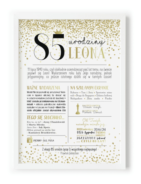 PREZENT na 85 URODZINY oryginalny - PERSONALIZOWANY PLAKAT