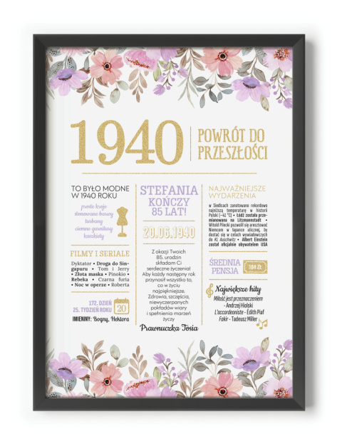 PREZENT na 85 URODZINY oryginalny - PERSONALIZOWANY PLAKAT