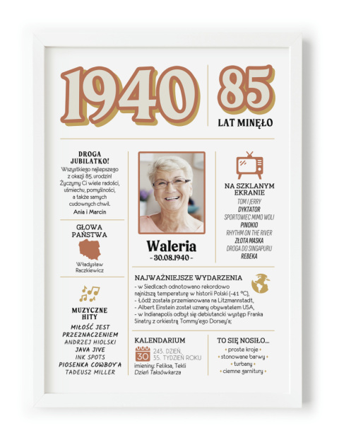PREZENT na 85 URODZINY oryginalny - PERSONALIZOWANY PLAKAT