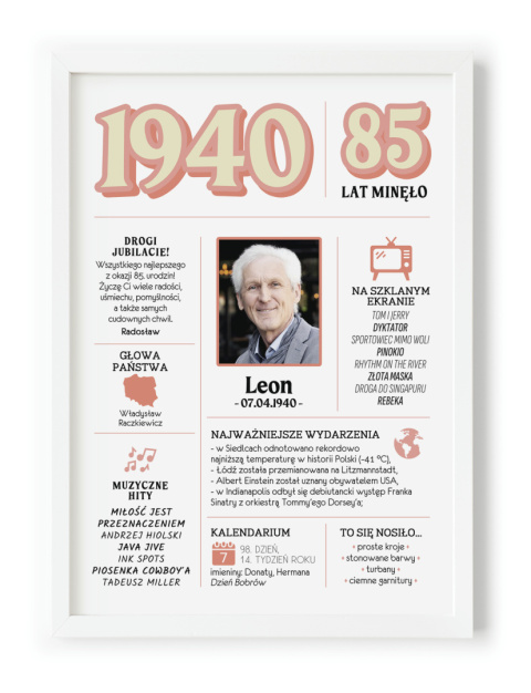 PREZENT na 85 URODZINY oryginalny - PERSONALIZOWANY PLAKAT