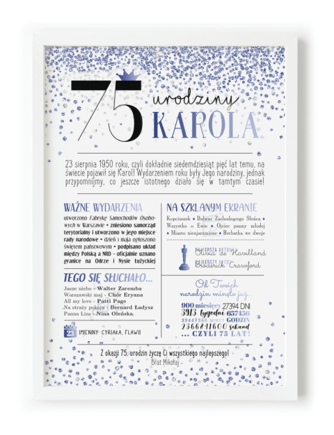 PREZENT na 75 URODZINY oryginalny PERSONALIZOWANY PLAKAT