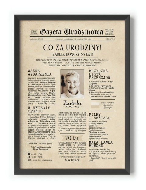 PREZENT na 70 URODZINY na siedemdziesiątkę PERSONALIZOWANY PLAKAT