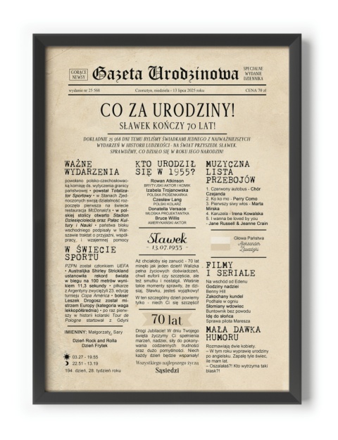 PREZENT na 70 URODZINY na siedemdziesiątkę PERSONALIZOWANY PLAKAT