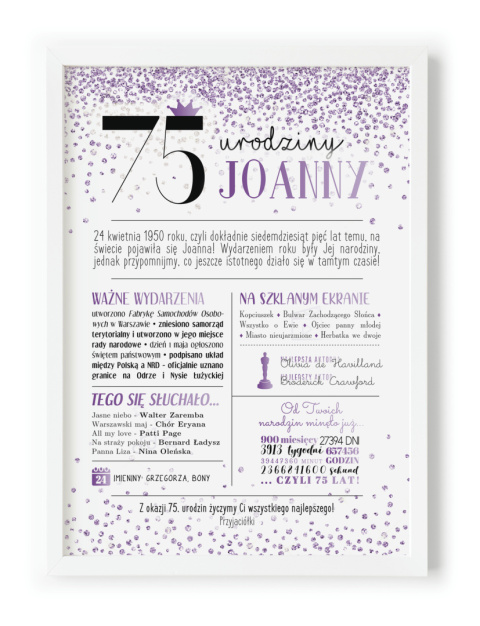PREZENT na 75 URODZINY oryginalny PERSONALIZOWANY PLAKAT