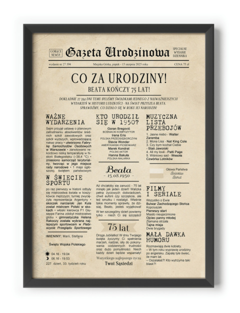 PREZENT na 75 URODZINY oryginalny PERSONALIZOWANY PLAKAT