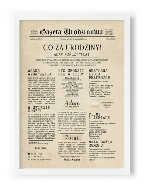 PREZENT na 75 URODZINY oryginalny PERSONALIZOWANY PLAKAT