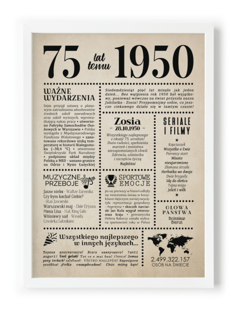 PREZENT na 75 URODZINY oryginalny PERSONALIZOWANY PLAKAT
